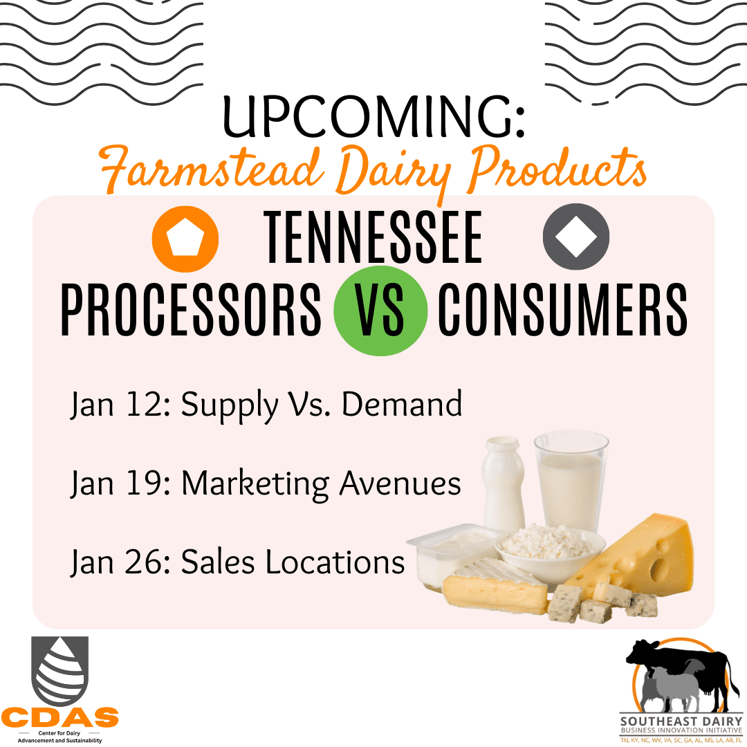 Upcoming comparison of Tennessee farmstead dairies and consumer desires. Release dates are January 12, 19, 26.